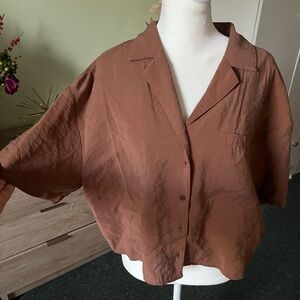ZARA Brown Short-Sleeve Oversized Relaxed Fit Boxy Airy Button Down Shirt Soft M